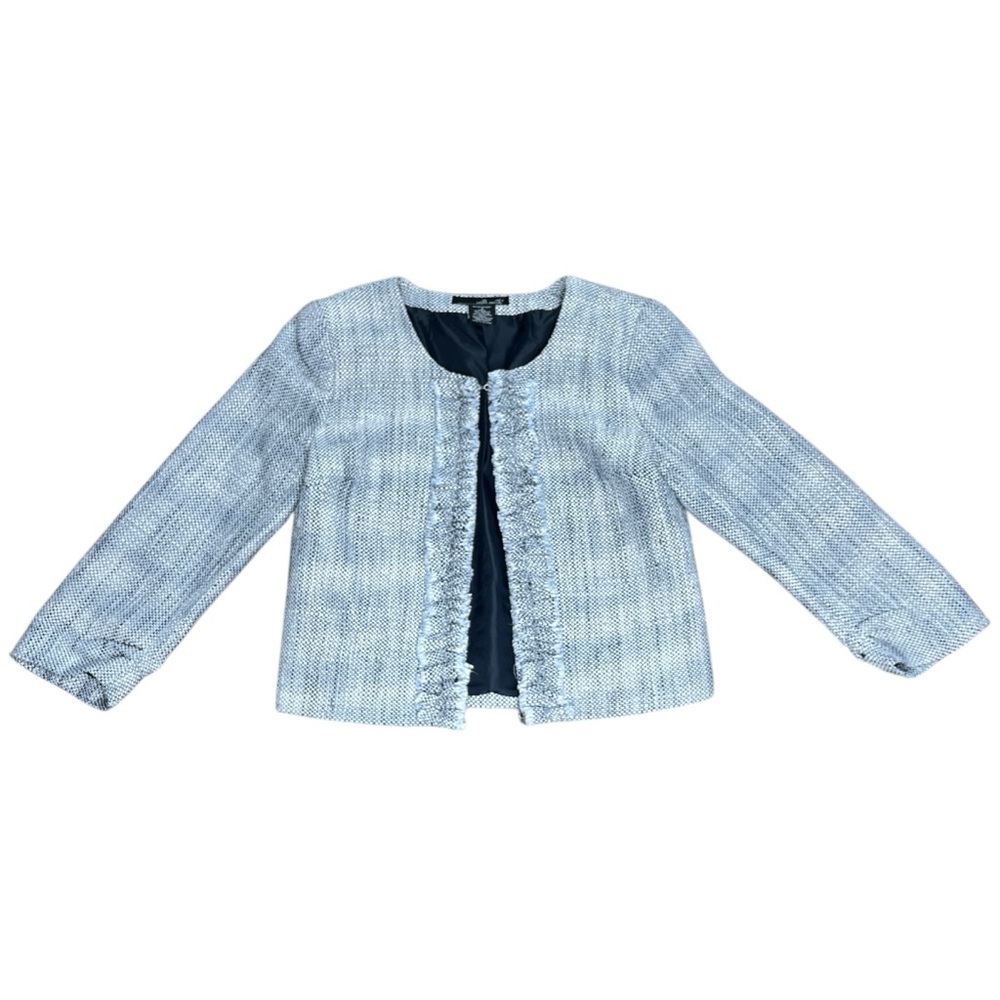 WILLI SMITH Preppy Textured Tweed Structured Ruffle Front Jacket Blue Size 4